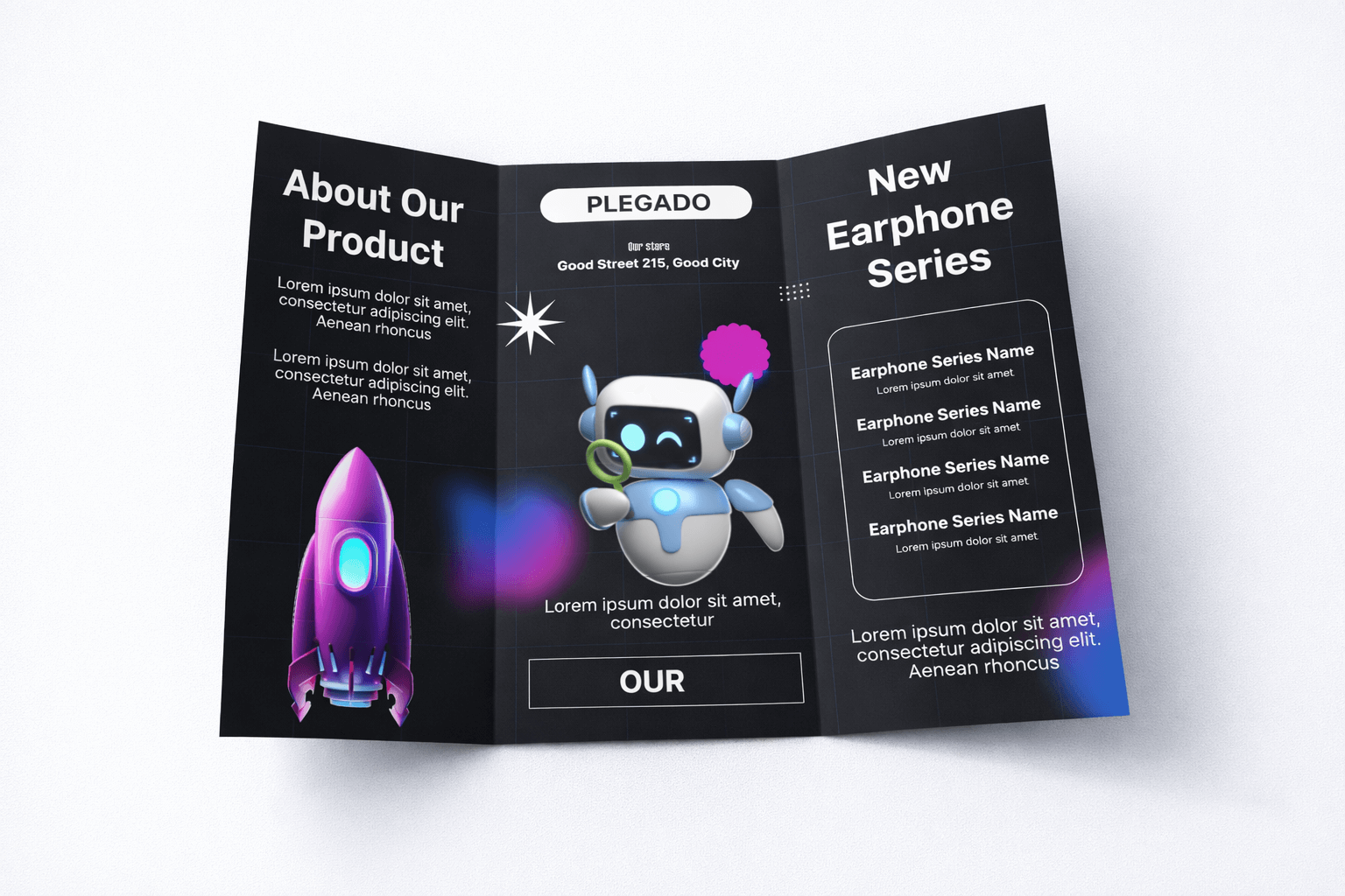 Plegable tríptico retro tech